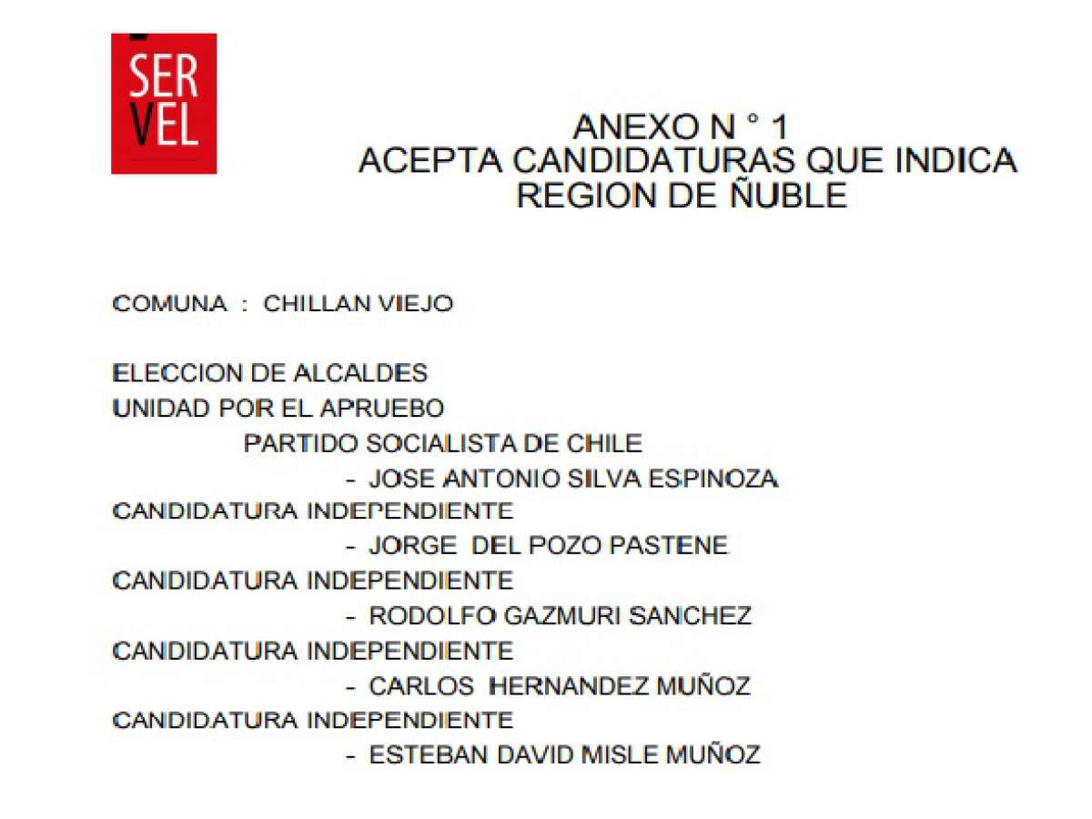 Servel publica candidaturas alcaldes en Chillán Viejo