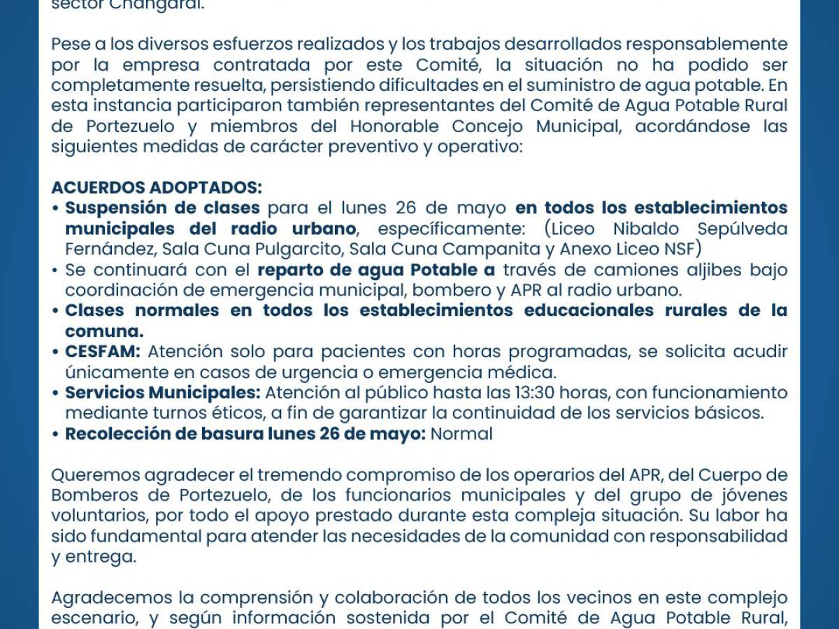EMERGENCIA POR SUMINISTRO DE AGUA POTABLE PROVOCA SUSPENSIÓN DE CLASES EN LICEO Y ESCUELAS DE PORTEZUELO
